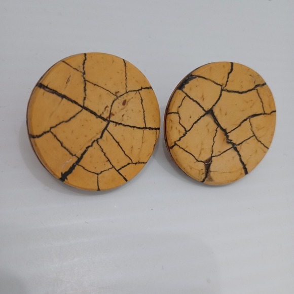 Vintage Vogue JLRY Clip Earrings Wooden Faux Marble Look Disc 1.25" Signed - Picture 2 of 9